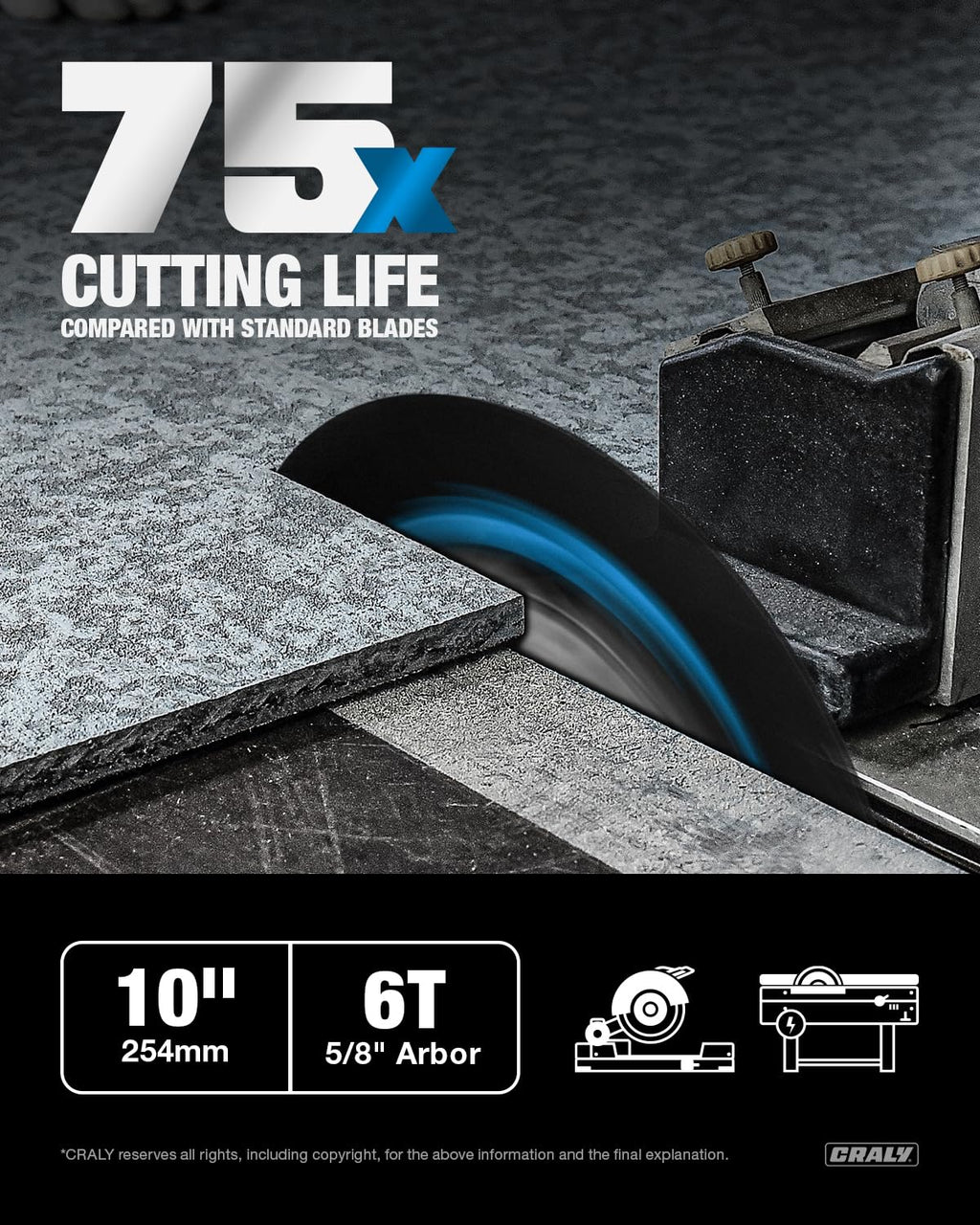 CRALY 10 Inch 6 Teeth Hardie Fiber Cement Circular Saw Blade, 5/8 Inch Arbor, Polycrystalline Diamond Tipped (PCD), Thin Kerf, Black Ice, for Laminate Flooring(C1006FC)