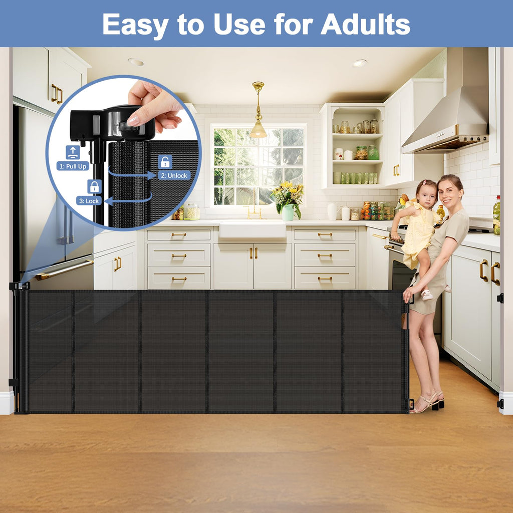 200" 16.7ft Extra-Wide Retractable Indoor/Outdoor Mesh Pet & Child Safety Gate with One-Hand Safety Lock for Wide Openings, Patios & Stairways