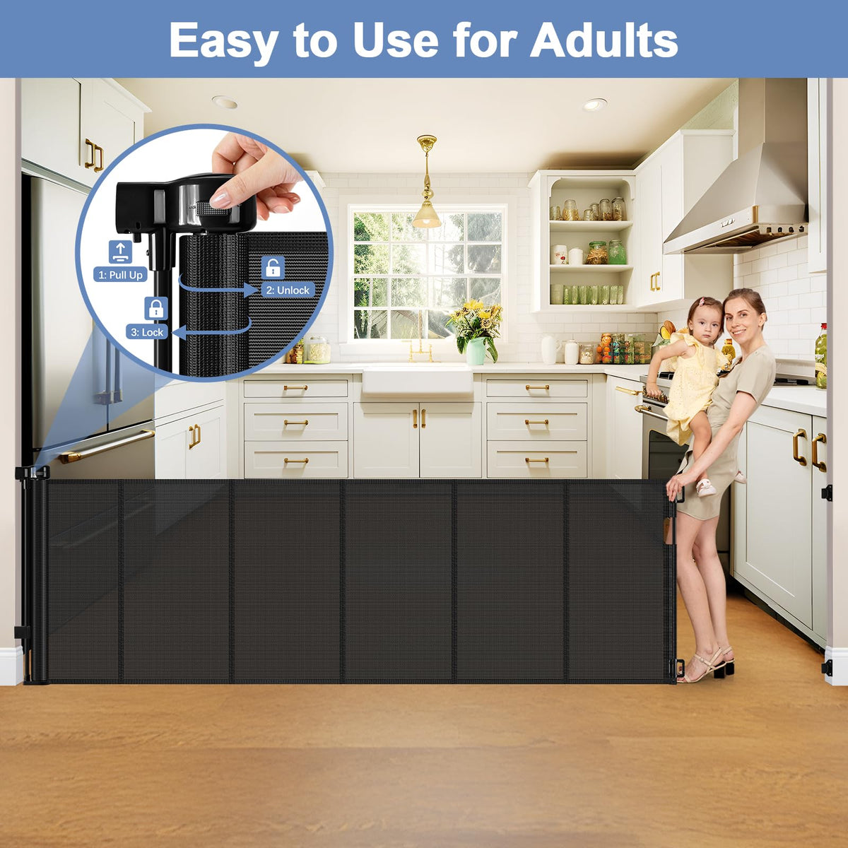 200" 16.7ft Extra-Wide Retractable Indoor/Outdoor Mesh Pet & Child Safety Gate with One-Hand Safety Lock for Wide Openings, Patios & Stairways