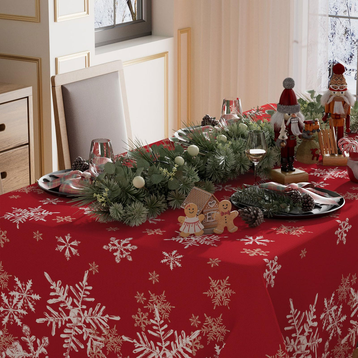 Winter Red Snowflakes Tablecloth Rectangle Christmas Table Cloth Washable Table Covers for Indoor Dining Home Party