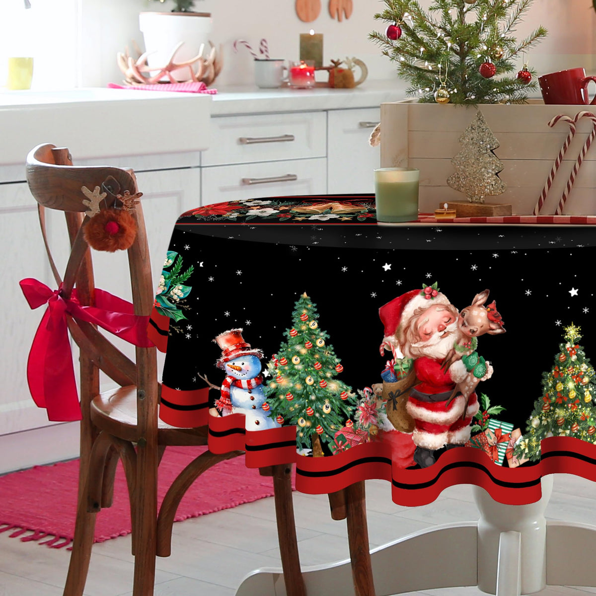 Christmas Round Tablecloth 60 Inch, Christmas Table Decorations Table Cloth for Round, Xmas Santa Tablecloths