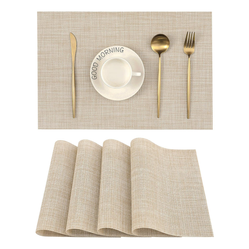 Beige Placemats Set of 4 - Heat-Resistant, Non-Slip Table Mats, Washable Woven Vinyl for Indoor & Outdoor Dining