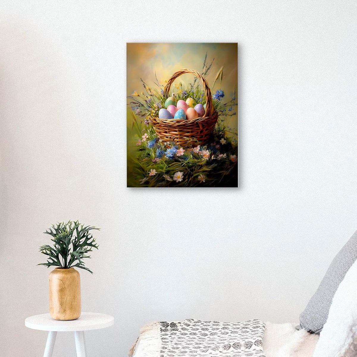 Easter Eggs Basket Spring Wall Decor Framed Canvas Wall Art, Vintage Wildflower Landscape Decor, Easter Bunny Eggs