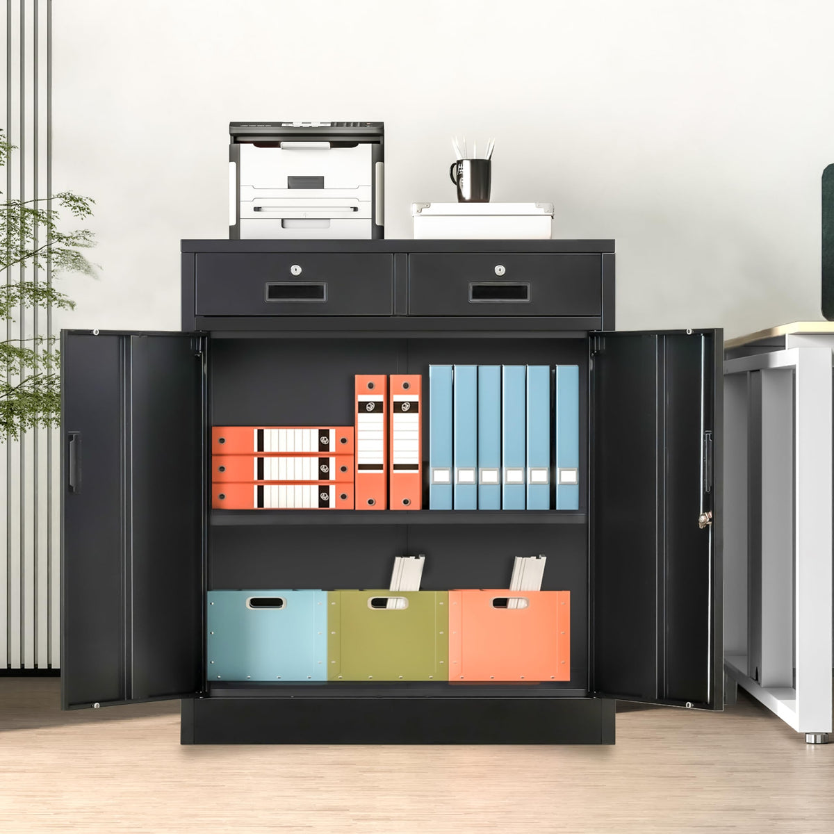 Metal Storage Cabinet, 36" H Locking Storage Cabinet with 2 Drawers and Adjustable Shelf, Metal Cabinets for Office