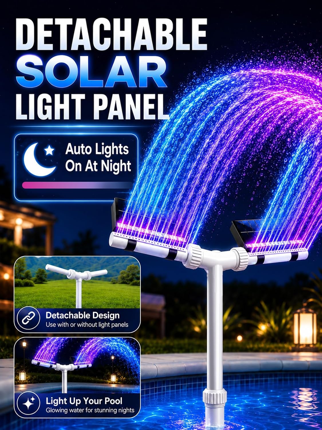 Solar Pool Fountain with 11-Color LED Lights, 2026 Upgrade | Solar Powered Light Sensing Sprinkler Waterfall, Above
