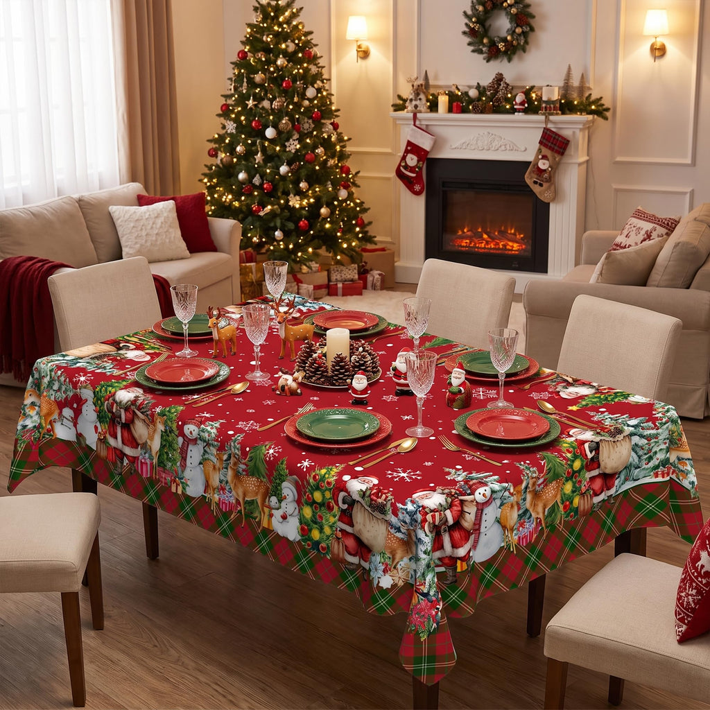 Christmas Tablecloth 60x84 Inch, Santa Claus & Snowman Water Resistant Rectangular Table Cover, Farmhouse Winter