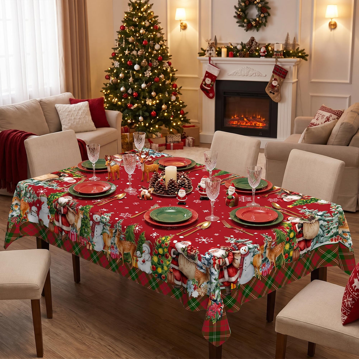 Christmas Tablecloth 60x84 Inch, Santa Claus & Snowman Water Resistant Rectangular Table Cover, Farmhouse Winter