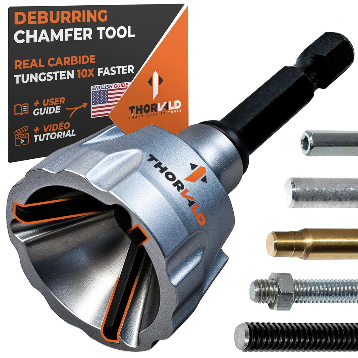 THORVALD Deburring External Chamfer Tool with Tungsten Carbide Blade - Deburr Tool for All Thread, All Metal Rod, Pipe, PVC, 3D Printing - 1/8" to 3/4" Diameter (3~19mm) - User Guide + Video Tutorial