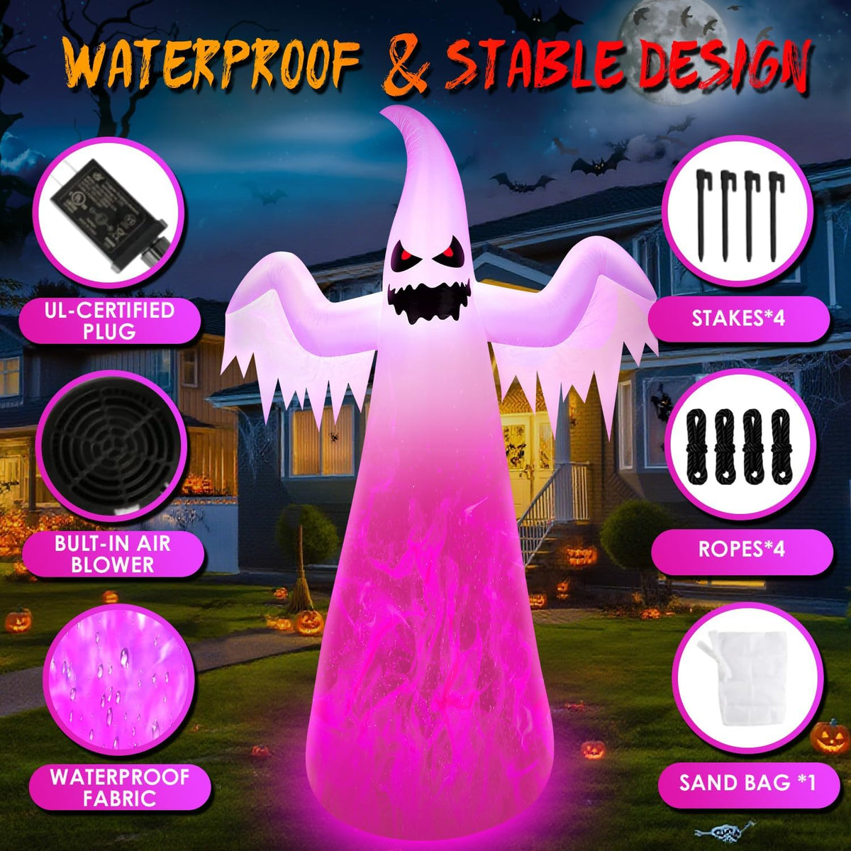 12FT Giant Halloween Inflatables Ghost with 7-Colored Flame Rotation LED Lights, Huge Halloween Decorations Outdoor