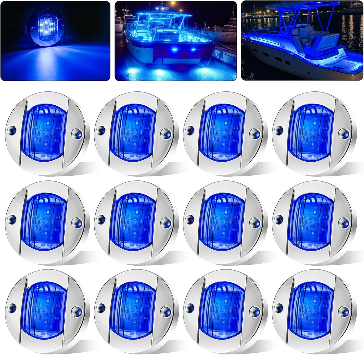 12Pack DC12V 3" Round Marine Boat LED Navigation Lights Stern Anchor Transom Deck Courtesy Light Interior Lamp Waterproof for Pontoon Kayak Sailboat Fishing Boat - Blue