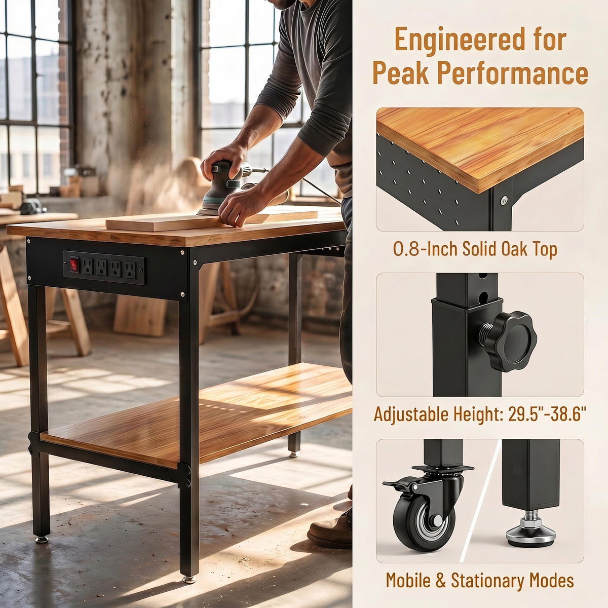 60 Inch Rolling Adjustable Workbench with Power Outlet
