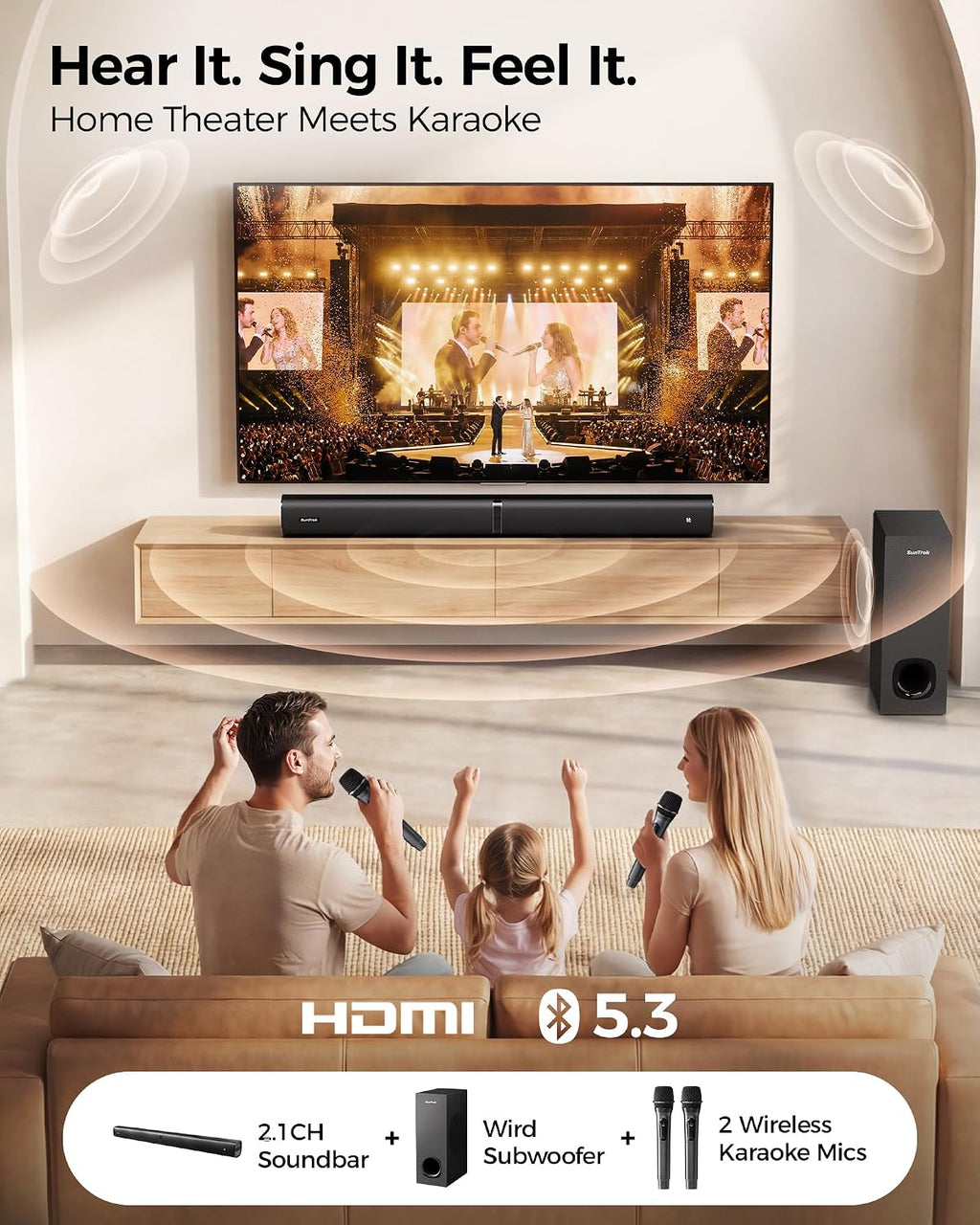 Soundbar with Subwoofer for TV, Home Theater Bluetooth 5.3 Speaker System with 2 Wireless Karaoke Mics, Surround