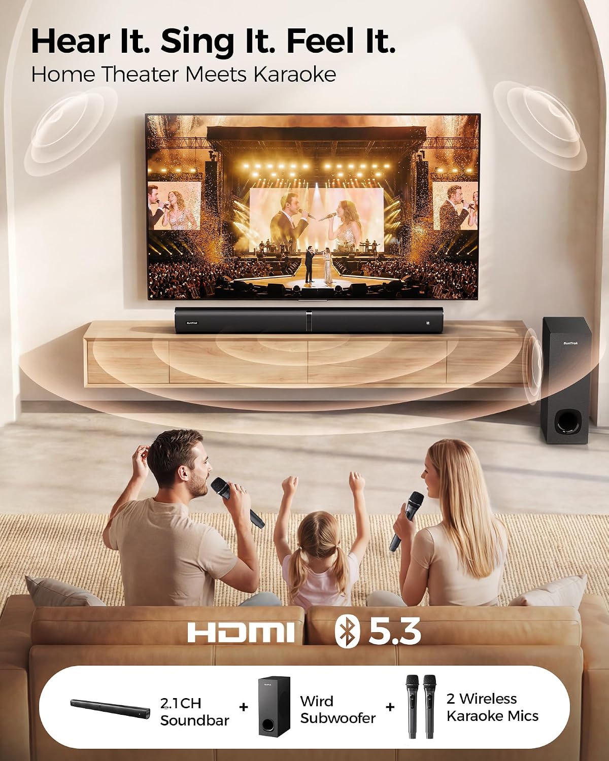 Soundbar with Subwoofer for TV, Home Theater Bluetooth 5.3 Speaker System with 2 Wireless Karaoke Mics, Surround