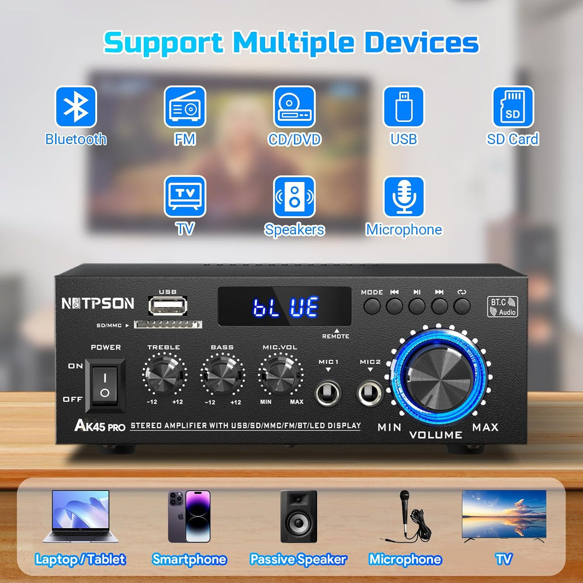 AK45 Pro Bluetooth Stereo Receiver& Amplifier,2CH RMS 50W x 2 (Peak 800W) 2 Channel Amp with FM Radio,USB/SD Inputs