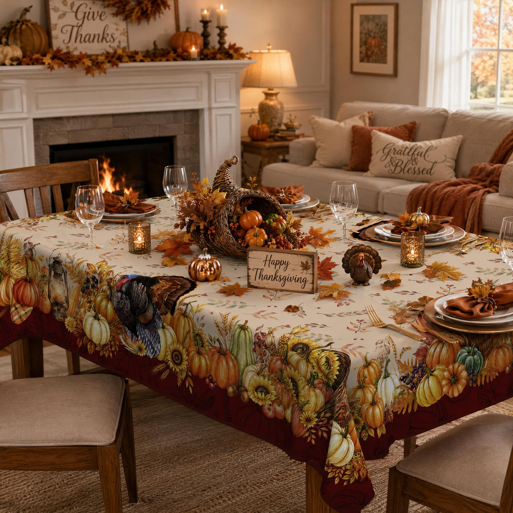 Thanksgiving Tablecloth 60x84 Inch, Vintage Turkey Pumpkin Sunflower Rectangular Table Cover, Fall Harvest Border