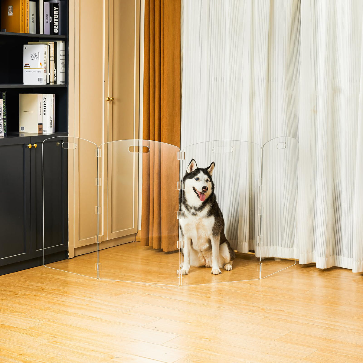 32" Tall 4-Panel Clear Acrylic Freestanding Indoor Pet Barrier Gate with Modern Folding Frame for Wide Doorways, Hallways & Stairs