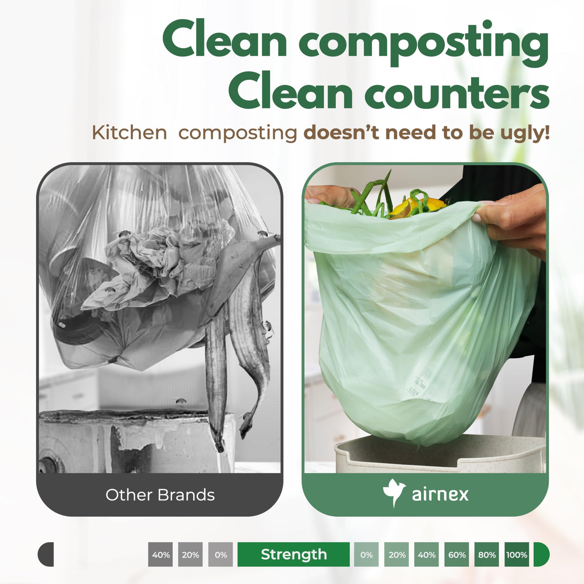 Small Compost Bags 1.6 Gal - 100 Compostable Kitchen Trash Bags for Countertop Bin - Cornstarch Leakproof &