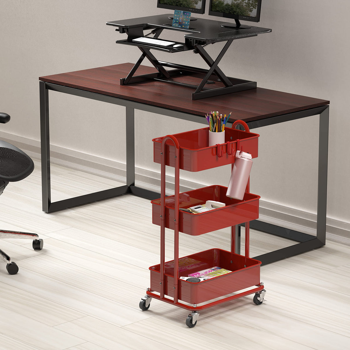 3-Tier Heavy Duty Metal Utility Rolling Cart, Red