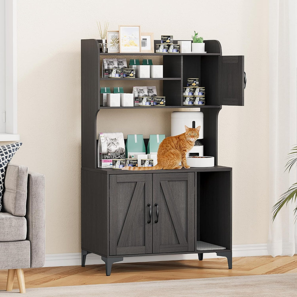 Litter Box Enclosure,51.1 inch Large Cat Litter Box Enclosure Furniture with 4 Layer Storage Shelves,Hidden Litter