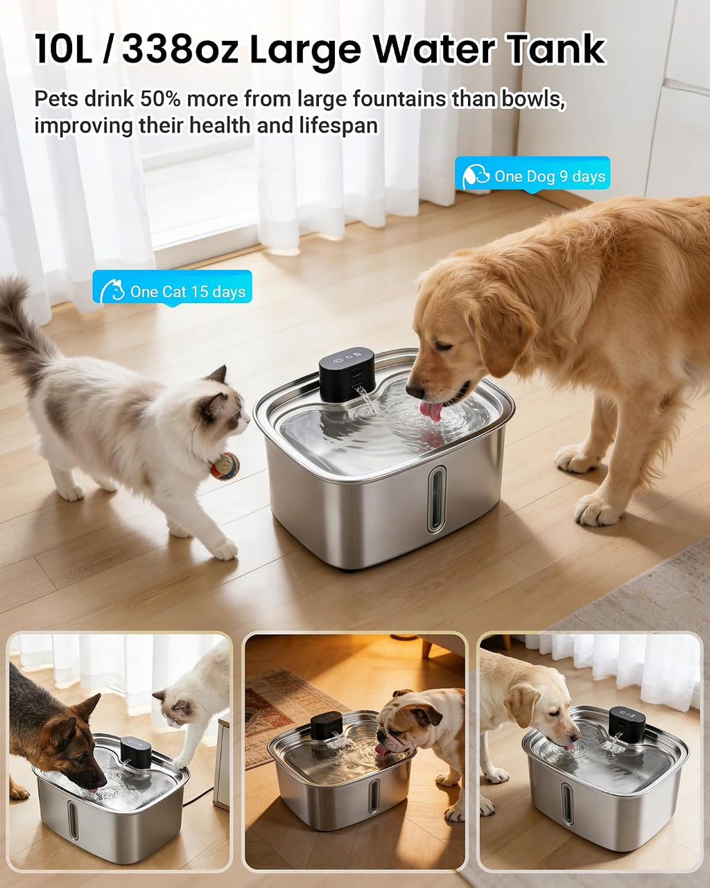 Smart Pet Water Fountain, 10L/338Oz Stainless Steel Cat Water Fountain with APP Monitoring, Automatic Dog Water Bowl