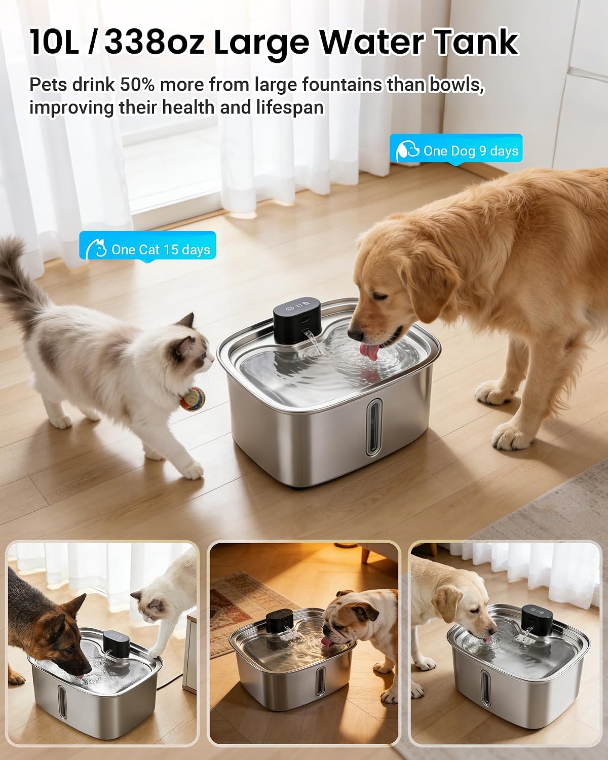 Smart Pet Water Fountain, 10L/338Oz Stainless Steel Cat Water Fountain with APP Monitoring, Automatic Dog Water Bowl