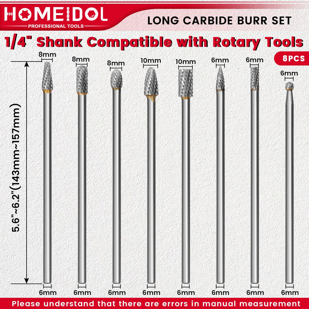 8Pcs Long Carbide Burr Set 1/4" Shank Die Grinder Bits L 6" for Wood