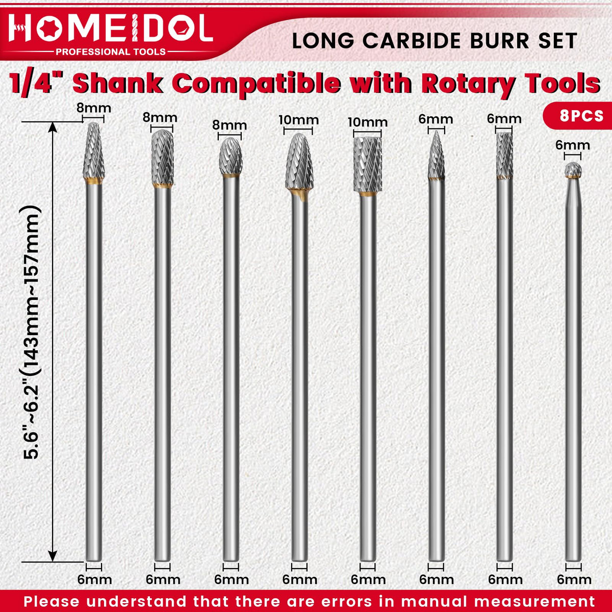 8Pcs Long Carbide Burr Set 1/4" Shank Die Grinder Bits L 6" for Wood