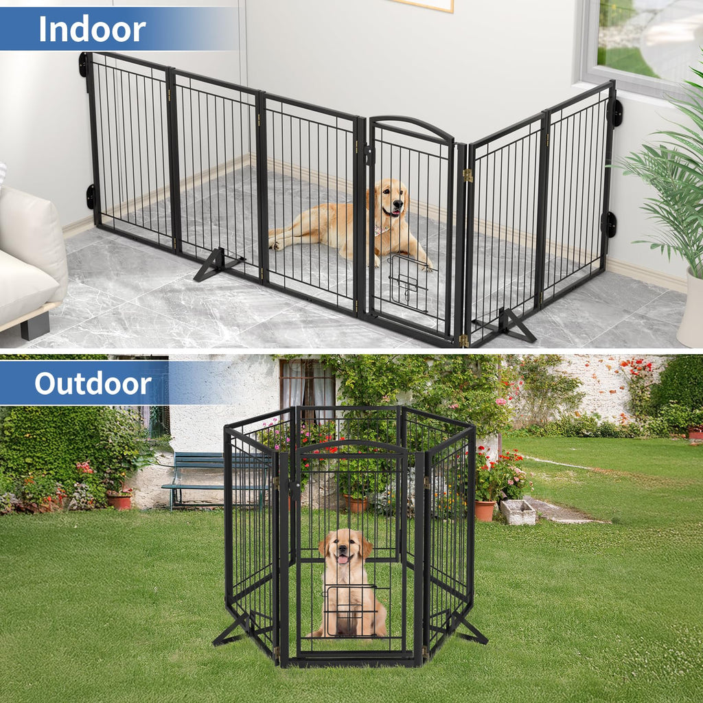 36" Tall x 120" Freestanding Heavy-Duty Steel Folding Pet & Dog Barrier Gate with Support Feet for Wide Indoor Openings, Hallways & Stairs