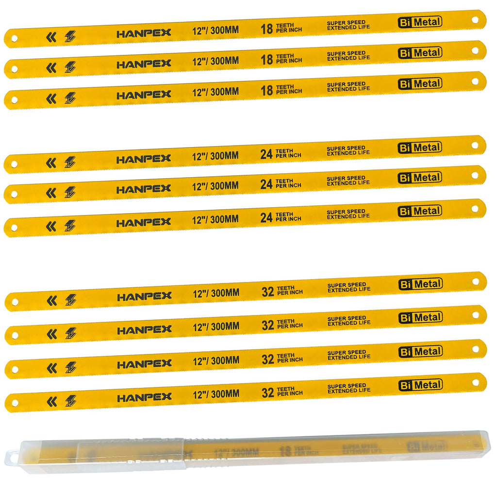 Hanpex Hacksaw Replacement Blade Sets (10 Pack) High Speed 3Pc. 18TPI / 3Pc. 24TPI / 4Pc. 32TPI- 12" Length Hack Saw Blade - Bi-Metal HSS Cutting Blades