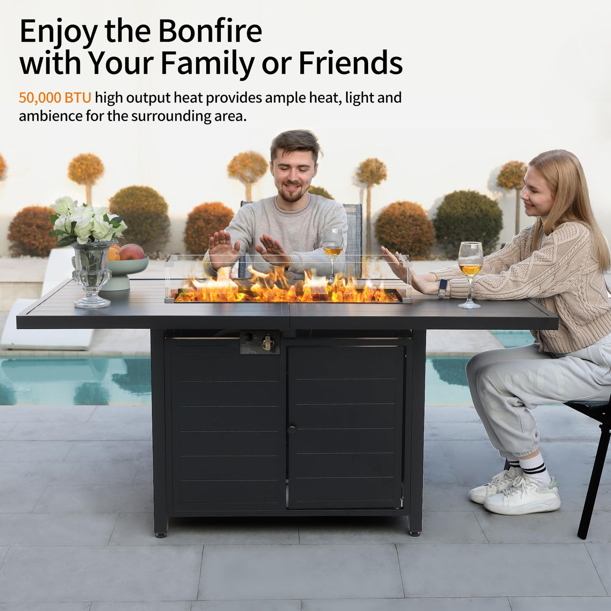 7 Pcs Outdoor Furniture Set w/ 60" Firepit and 6 Pieces Patio Chairs, 50,000 BTU Aluminum Gas Fire Table and