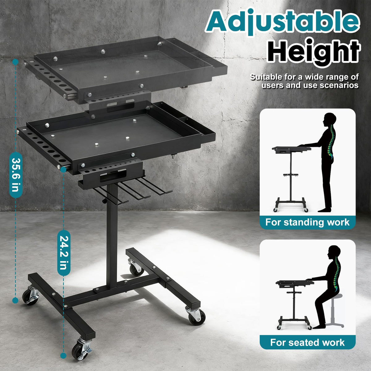 Rolling Work Table, Rolling Tool Cart with Drills Storage