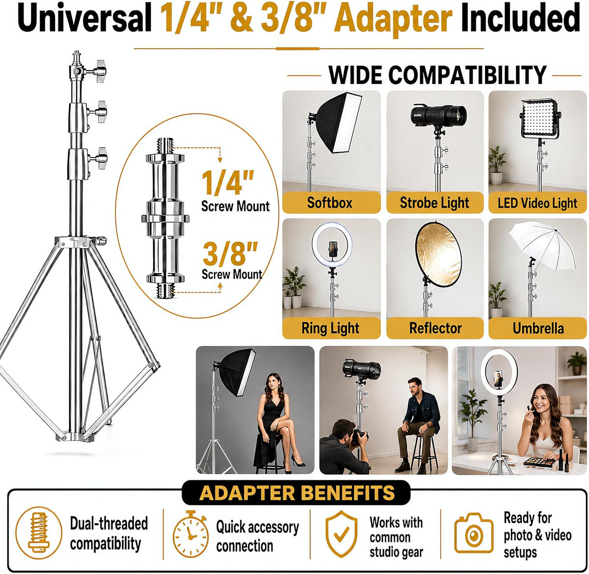 9.2ft/2.8m Stainless Steel Light Stand, Spring Cushioned Heavy Duty Photography Tripod Stand with 1/4” to 3/8”