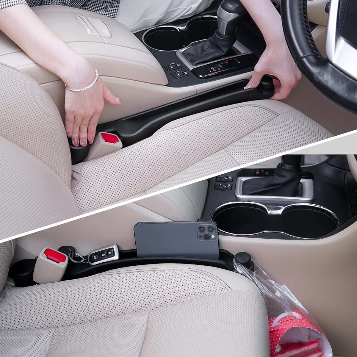 Car Seat Gap Filler Set of 2, Soft Foam Multifunctional Seat Side Gap Filler with Organizer & Hook Function, 3in1 Gap