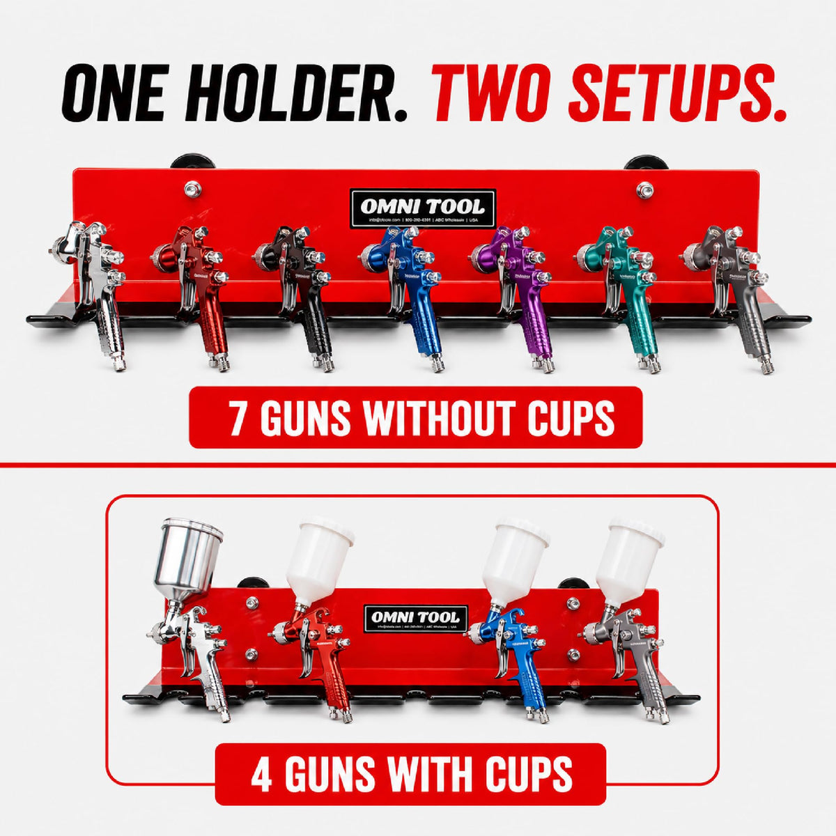 LAUCO Multiple Paint Spray Gun Holder Magnetic Or Wall Mount, Paint Gun Holder - Holds 7 Guns Without Cups or 4 Guns with Cups, Stable and Scratch-Free Design 87209