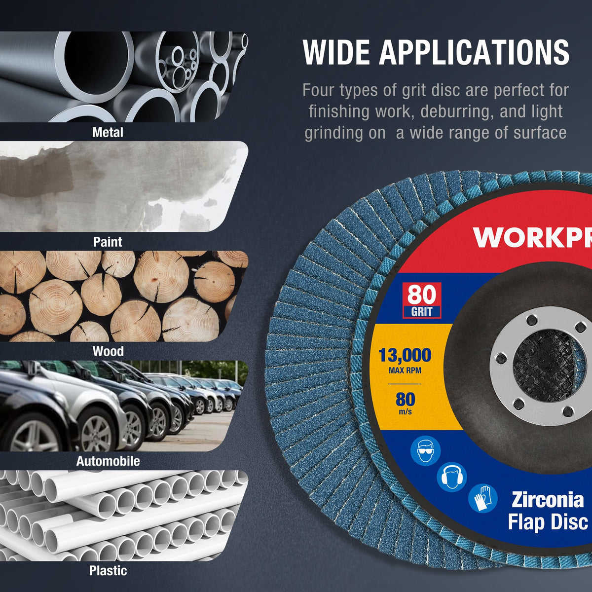 WORKPRO 20-Pack Zirconia Flap Discs, 4-1/2" x 7/8", T29, 80 Grit