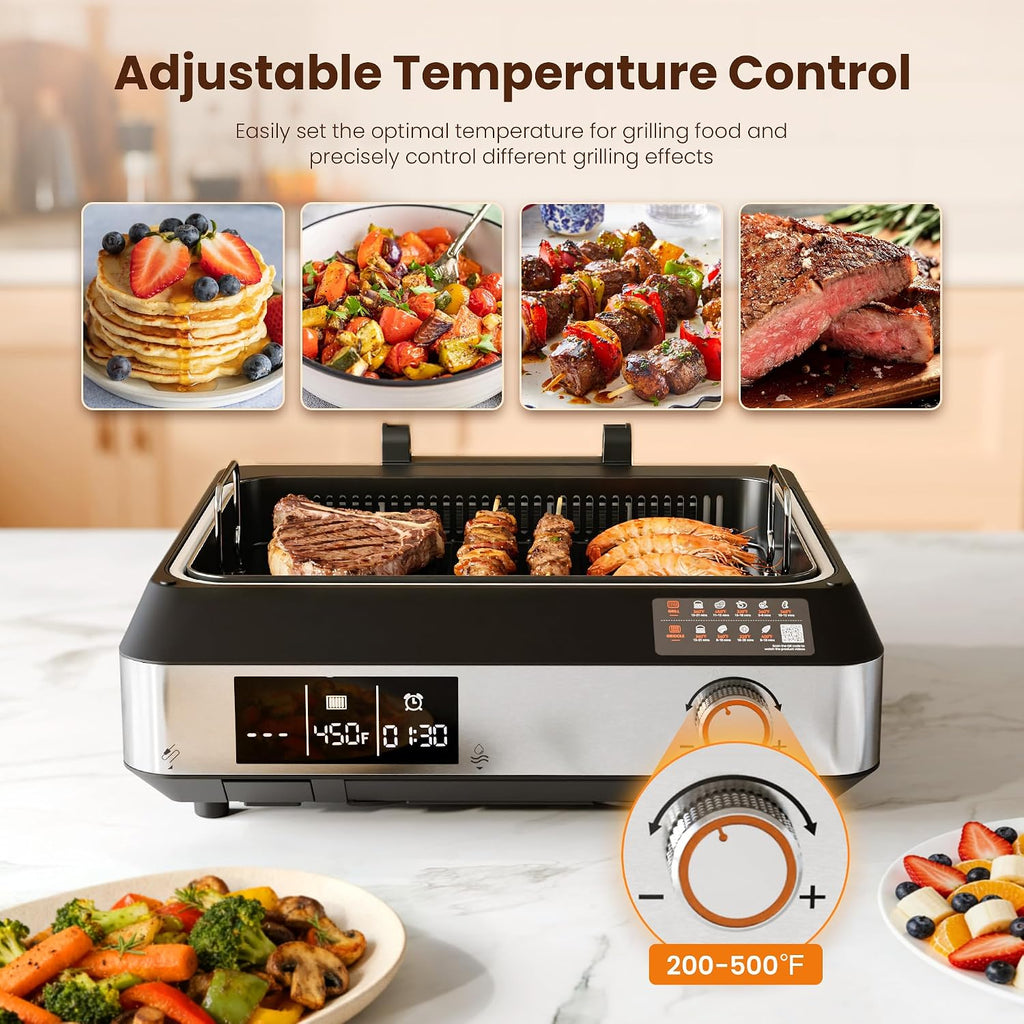 2-in-1 Smokeless Electric Grill,Digital Display,Meat Probe,Nonstick | Indoor Grill and Griddle Combo,Dishwasher