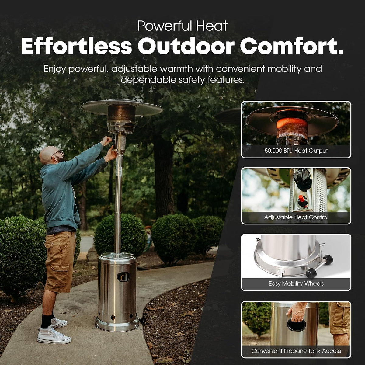 GasOne 50,000 BTU Outdoor Propane Patio Heater, Stainless Steel with Wheels