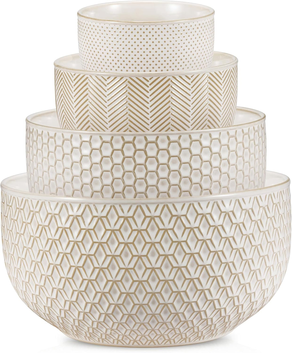Ceramic Mixing Bowls, Nesting Set of 4, Embossed Kitchen Dishware, Prep, Serving, Gift, Microwave and Dishwasher