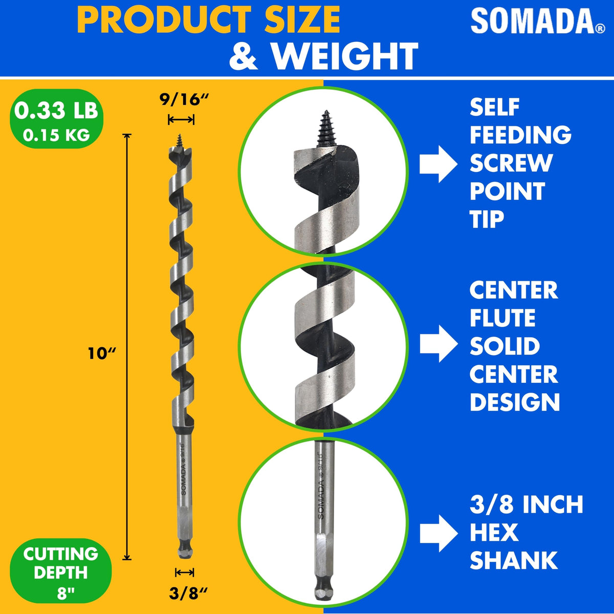 SOMADA 9/16" x 10" Auger Drill Bit for Wood, Ship Auger Hex Shank