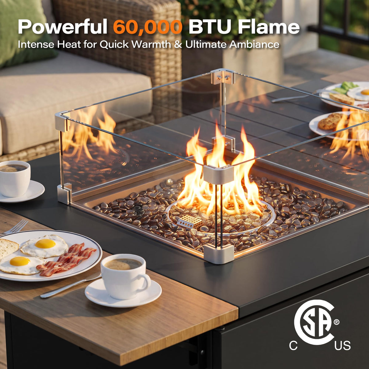 64" Gas Fire Pit Table for Outside Patio, 55,000 BTU Propane Firepit with Expandable Tabletop & Wind Guard-Dark Black