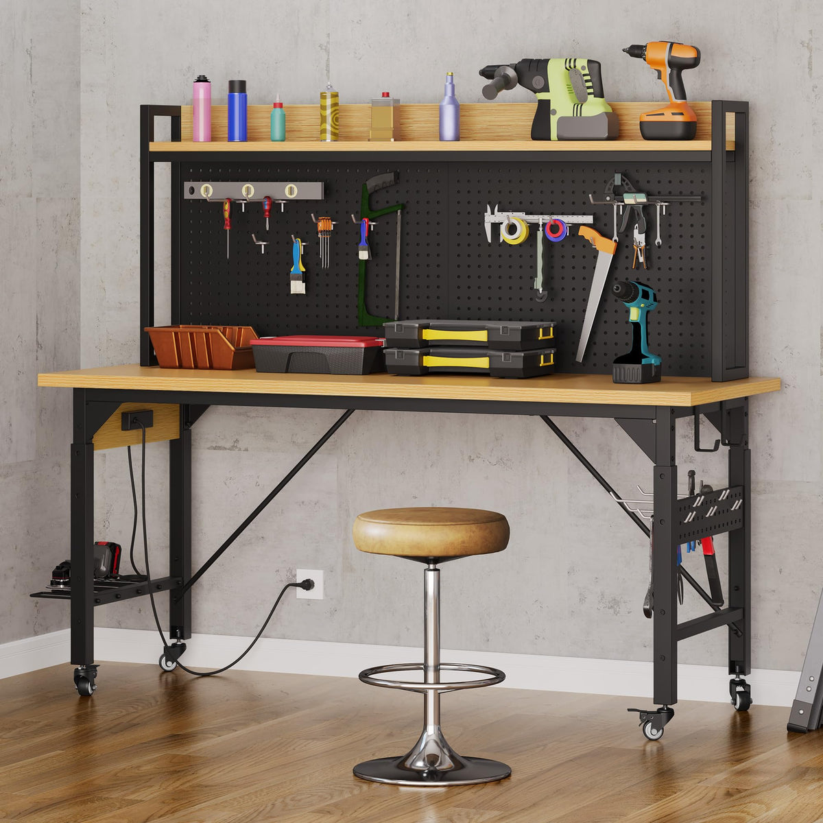 48in Adjustable Rolling Workbench Heavy Duty with Pegboard & Wheels