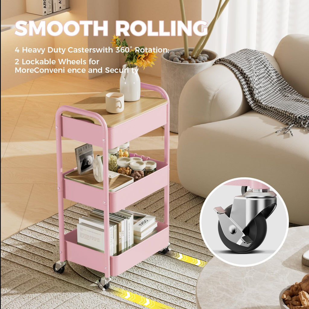 3-Tier Rolling Cart with Table Top, Metal Utility Cart on Wheels