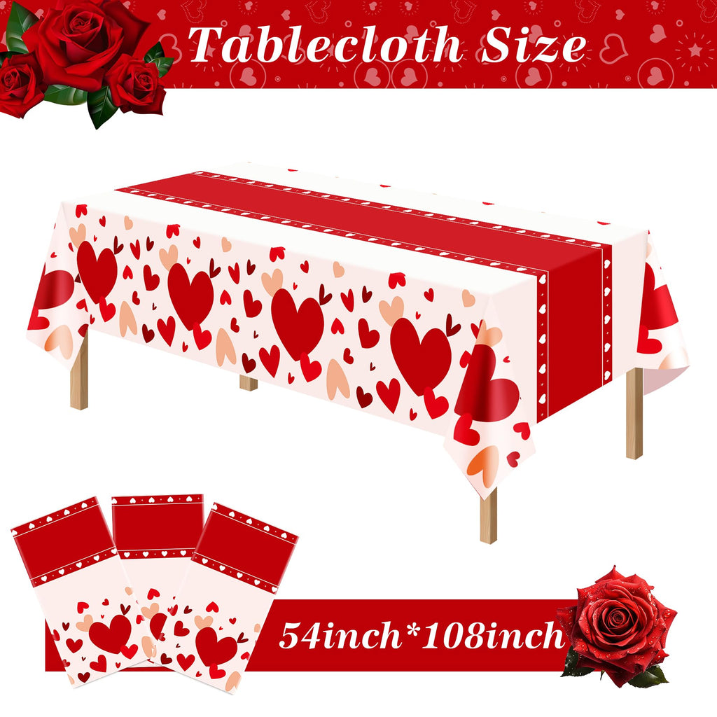Valentines Day Decorations,3 Pack Valentines Tablecloth 54 x 108 Inch,Plastic Table Cloth Disposable Rectangle,Heart