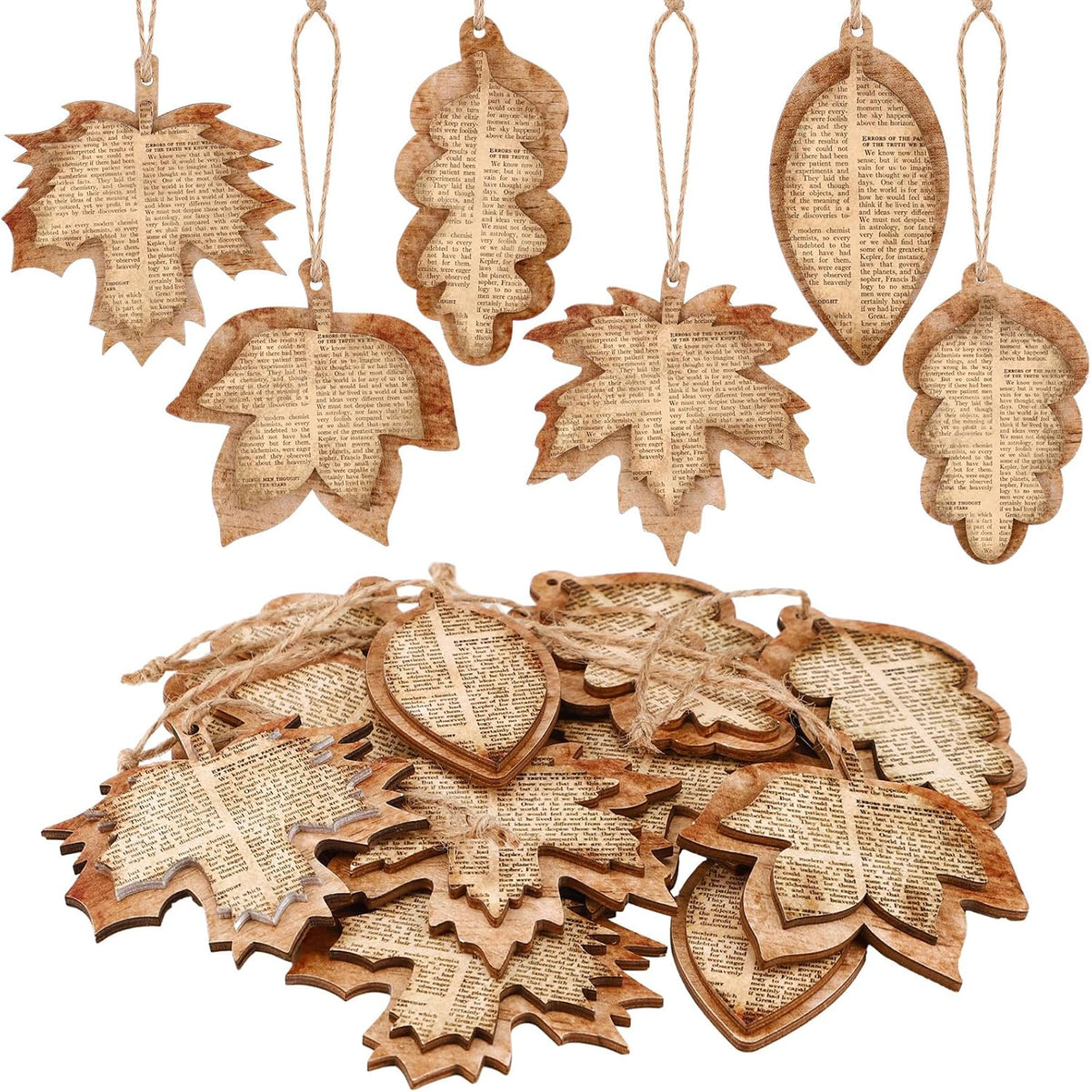 12 Pcs Vintage Fall Leaves Decorations Wood Rustic Fall Leaves Hanging Book Newspaper Design 3D Maple Leaf Decoration