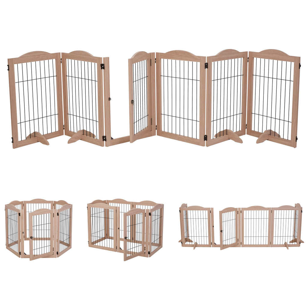 Freestanding Solid Wood 360° Configurable Pet & Dog Barrier Gate with Walk-Through Swing Door for Wide Indoor Openings, Hallways & Stairs