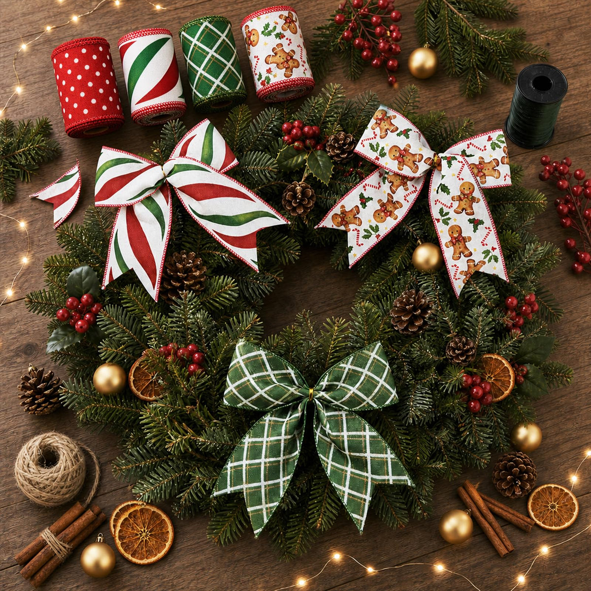 Christmas Wired Ribbon, 4 Rolls, 2.5 in x 5 yd Each, 20 yd Total