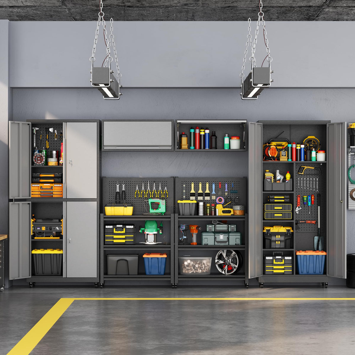 Metal Garage Storage Cabinets System, 6 Piece Workshop Steel Cabinet Set, Rolling Garage Cabinets for Tools, Lockable