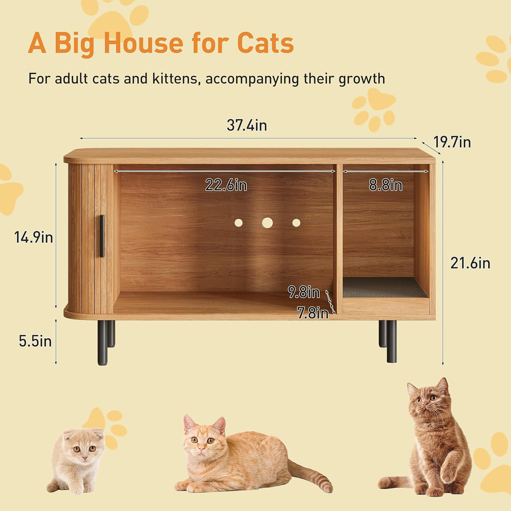 37.4" Cat Litter Box Enclosure with Scratch Pad, Sliding Door