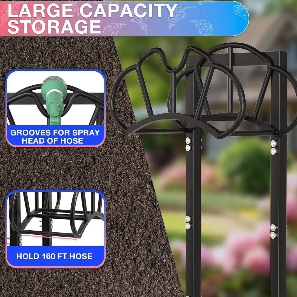 Garden Hose Holder Holds 160ft, Rustproof Water Hose Storage, Black | Super Stable Water Hose Reels for Outside, Easy
