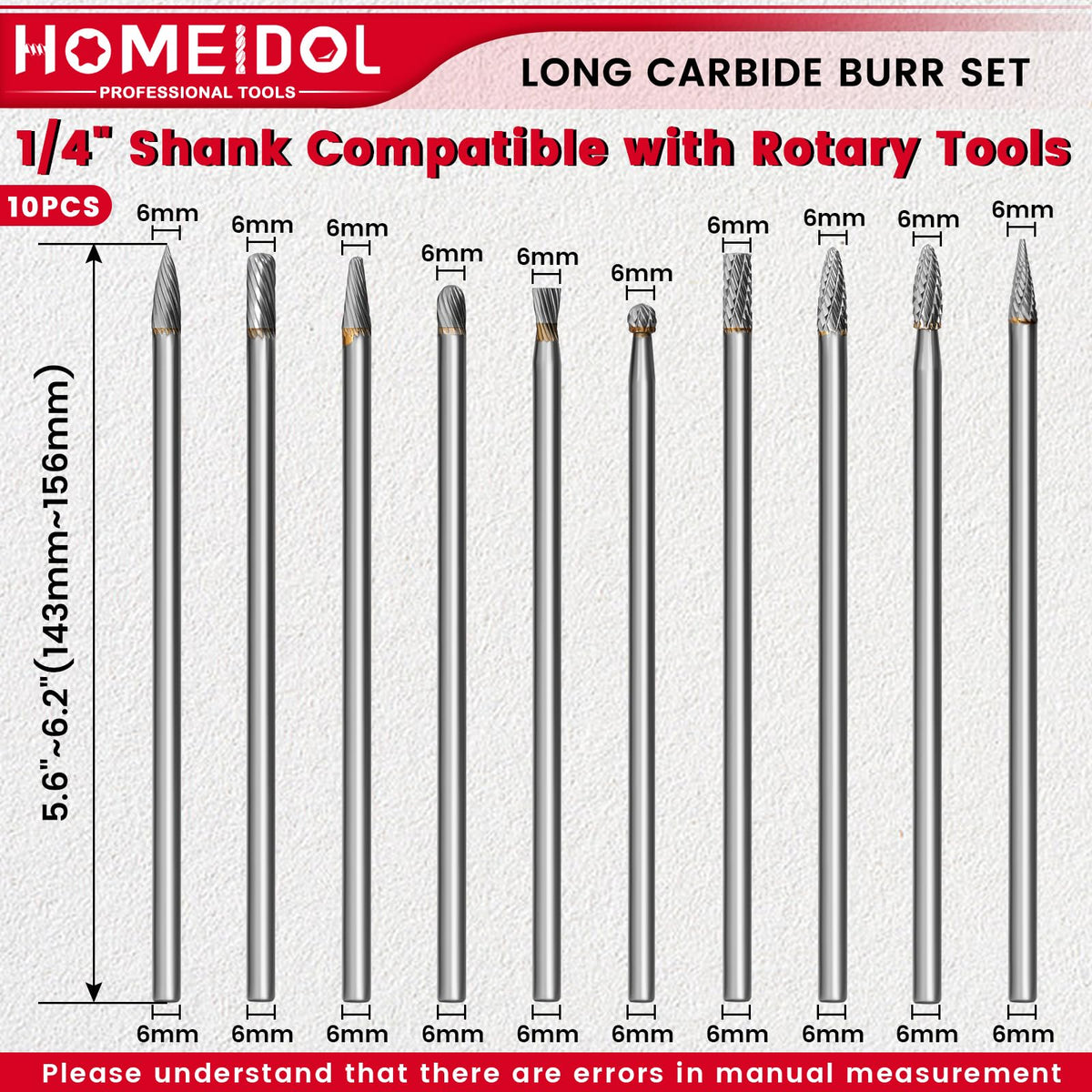 10Pcs Long Carbide Burr Set 1/4" Shank 6" L Die Grinder Bits 2 Type Cutting